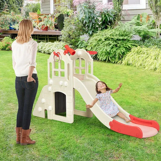 6-In-1 Large Slide for Kids Toddler Climber Slide Playset with Basketball Hoop-P