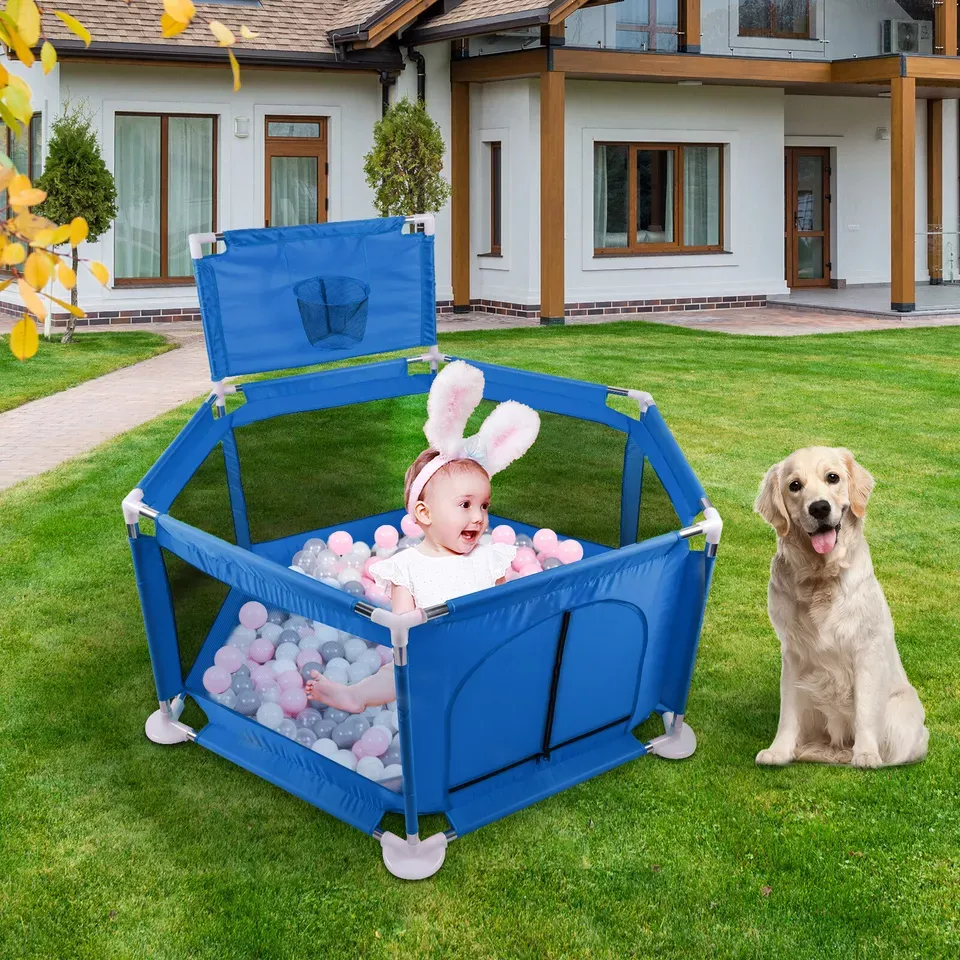 Baby Playpen Kids Safety Barrier with Basketball Net Sky Blue (60 x 15 x 24 cm)