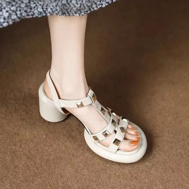 Chic Rivet Sandals with Thick Heels