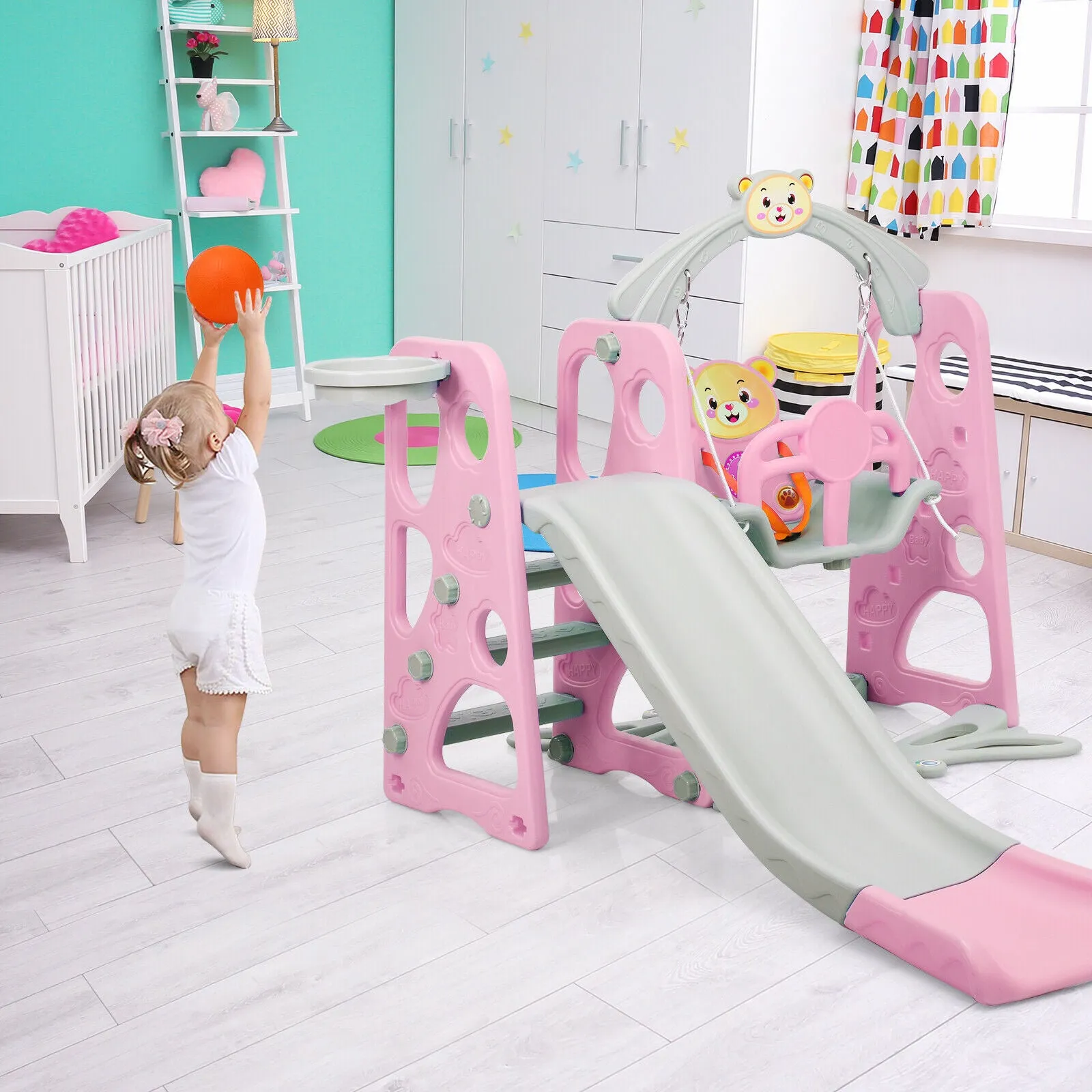 Children's Montessori Swing and Slide Set With Basketball Hoop | Indoor and Outdoor Play Play