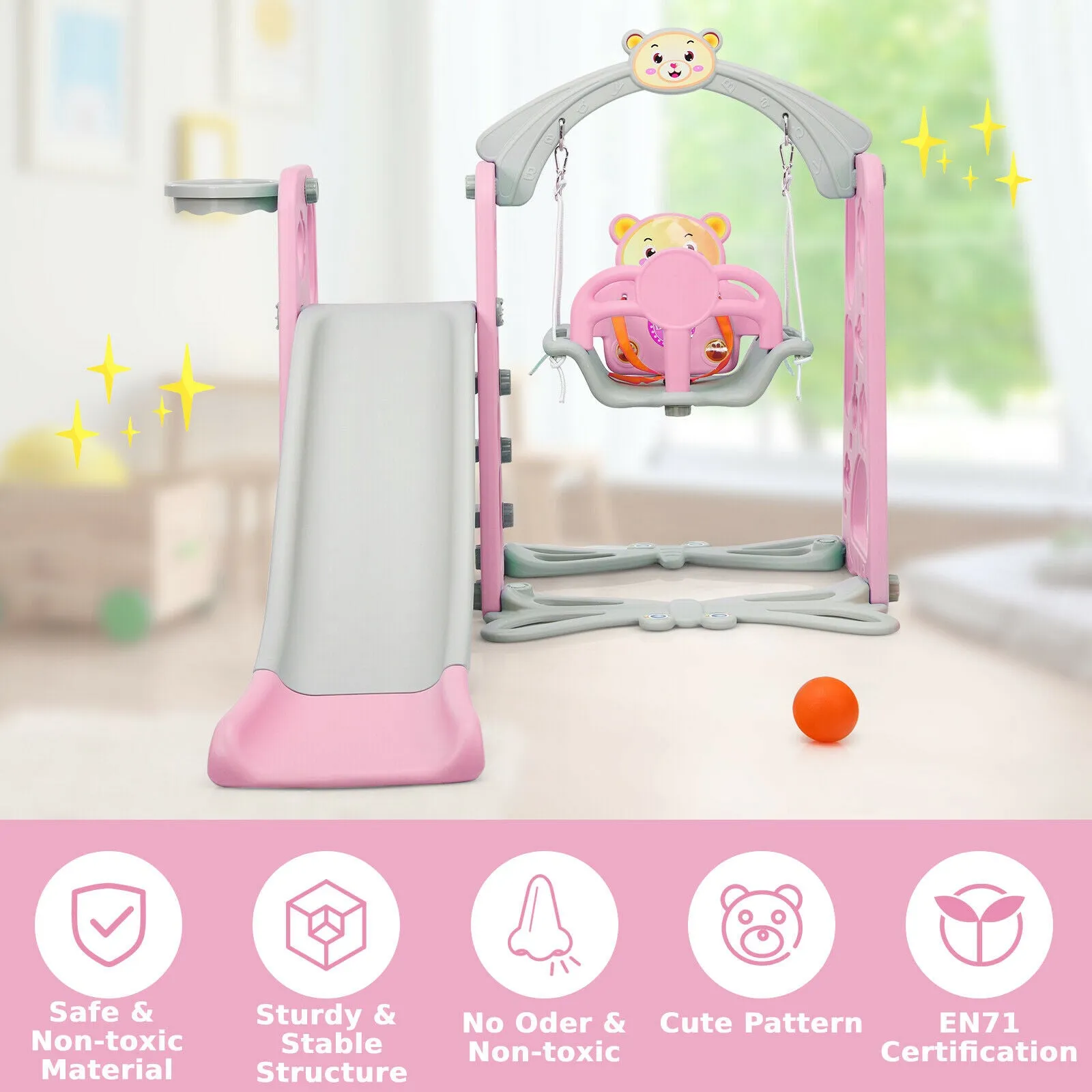 Children's Montessori Swing and Slide Set With Basketball Hoop | Indoor and Outdoor Play Play