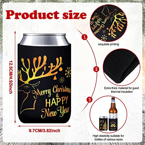 Christmas Beer Can Coolers Sleeves Bulk 12 Pcs Black Gold Xmas Holiday Can Insulated Covers for Christmas Party Decorations Supplies-neoprene Coolers for 4.9 x 3.8 Inch Canned Beverages, Bottle, Drink