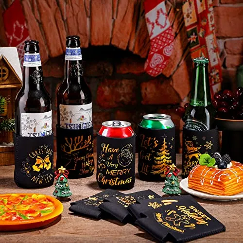 Christmas Beer Can Coolers Sleeves Bulk 12 Pcs Black Gold Xmas Holiday Can Insulated Covers for Christmas Party Decorations Supplies-neoprene Coolers for 4.9 x 3.8 Inch Canned Beverages, Bottle, Drink