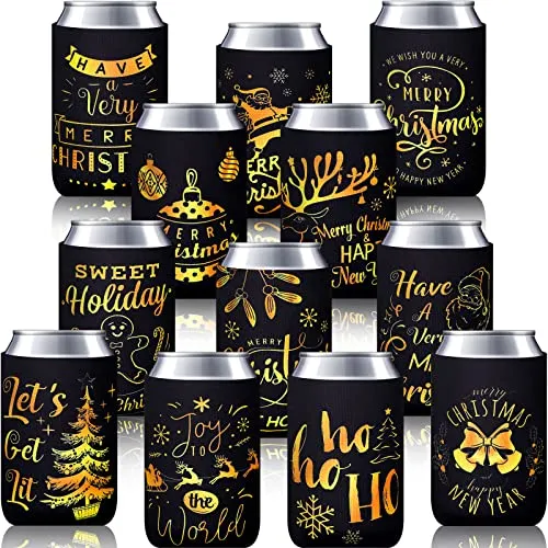 Christmas Beer Can Coolers Sleeves Bulk 12 Pcs Black Gold Xmas Holiday Can Insulated Covers for Christmas Party Decorations Supplies-neoprene Coolers for 4.9 x 3.8 Inch Canned Beverages, Bottle, Drink