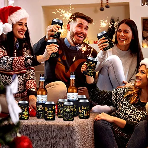 Christmas Beer Can Coolers Sleeves Bulk 12 Pcs Black Gold Xmas Holiday Can Insulated Covers for Christmas Party Decorations Supplies-neoprene Coolers for 4.9 x 3.8 Inch Canned Beverages, Bottle, Drink