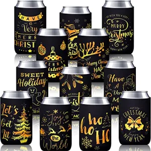 Christmas Beer Can Coolers Sleeves Bulk 12 Pcs Black Gold Xmas Holiday Can Insulated Covers for Christmas Party Decorations Supplies-neoprene Coolers for 4.9 x 3.8 Inch Canned Beverages, Bottle, Drink