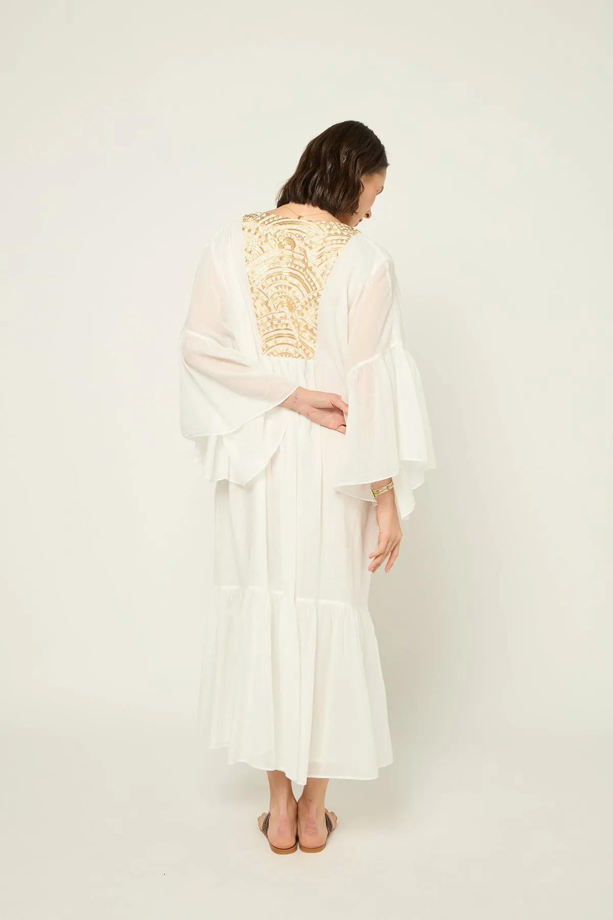 DRESS LONG NEW ALL OVER L/S RUFFLES - WHITE GOLD