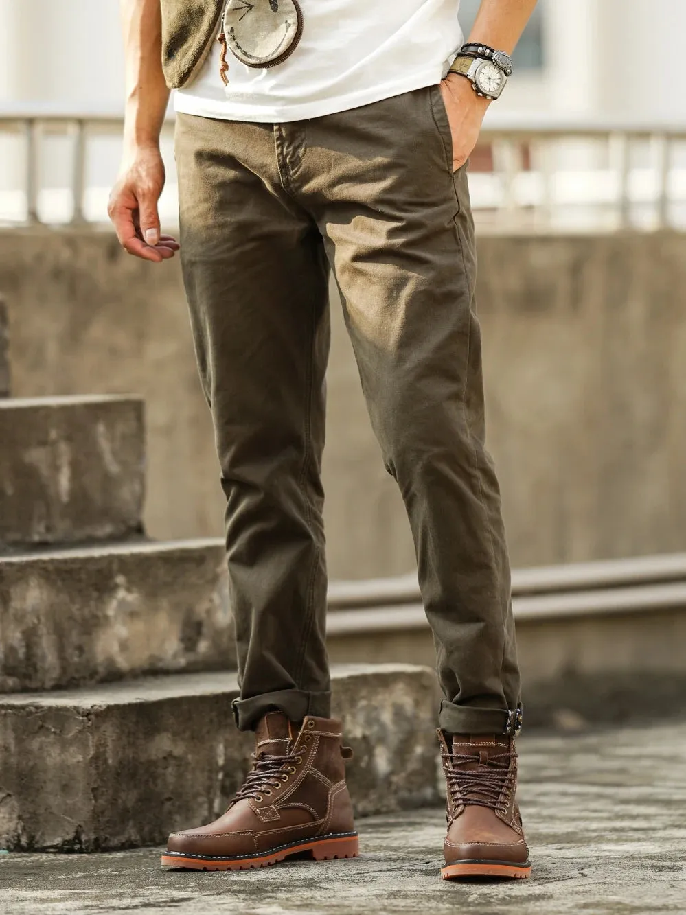 Heavyweight Woven Twill Casual Pants - Men's Pure Cotton Washed Old Straight Tapered Trousers