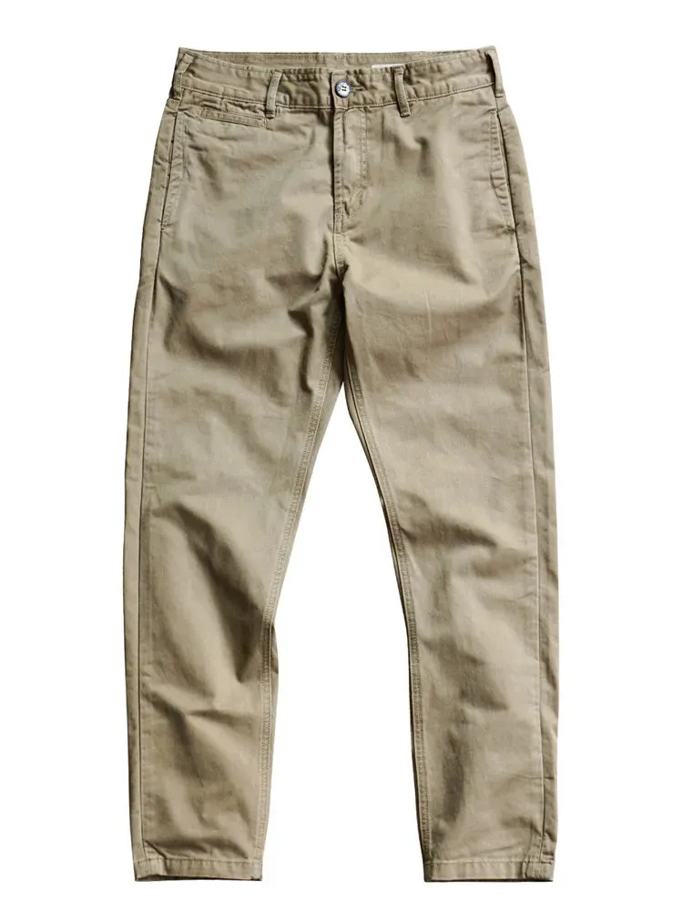 Heavyweight Woven Twill Casual Pants - Men's Pure Cotton Washed Old Straight Tapered Trousers