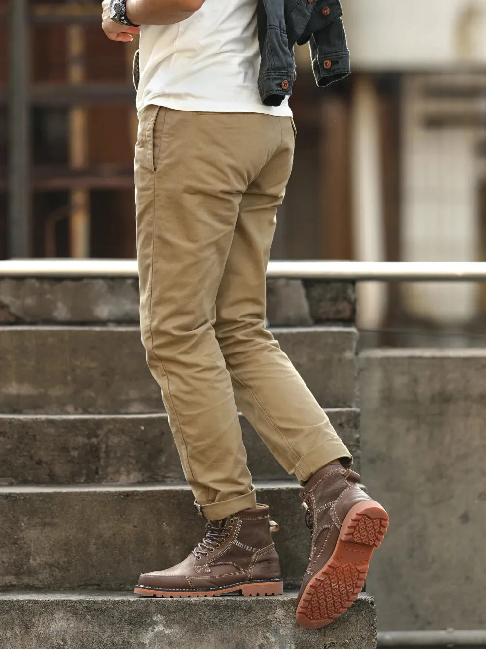 Heavyweight Woven Twill Casual Pants - Men's Pure Cotton Washed Old Straight Tapered Trousers