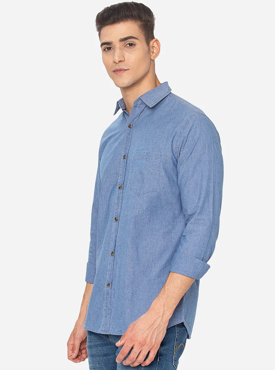 Indigo Blue Solid Slim Fit Semi Casual Shirt | JadeBlue