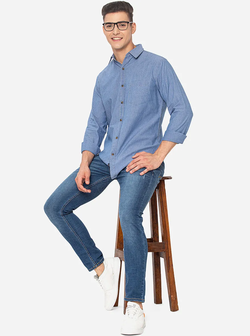 Indigo Blue Solid Slim Fit Semi Casual Shirt | JadeBlue