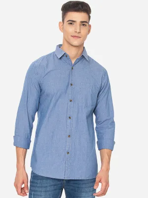 Indigo Blue Solid Slim Fit Semi Casual Shirt | JadeBlue