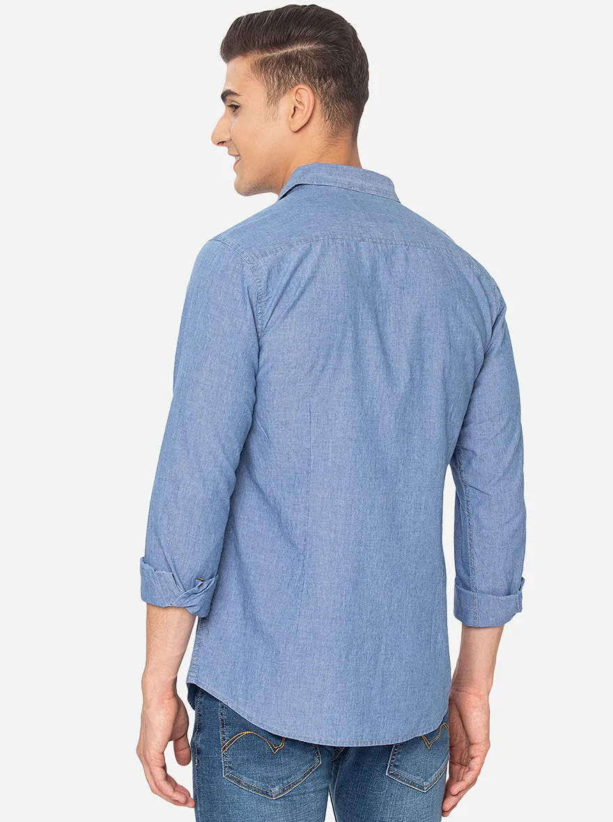 Indigo Blue Solid Slim Fit Semi Casual Shirt | JadeBlue