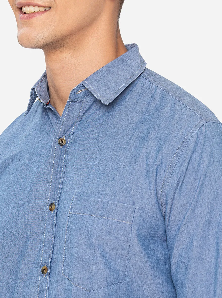 Indigo Blue Solid Slim Fit Semi Casual Shirt | JadeBlue
