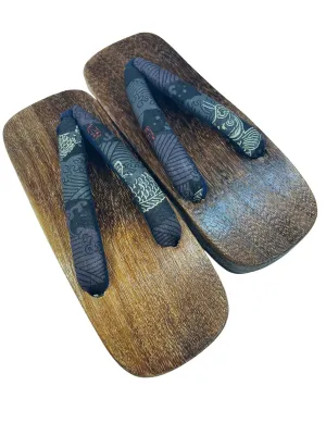 Japanese Men's Geta Sandals / Size L, Traditional Black Wind God Design Straps