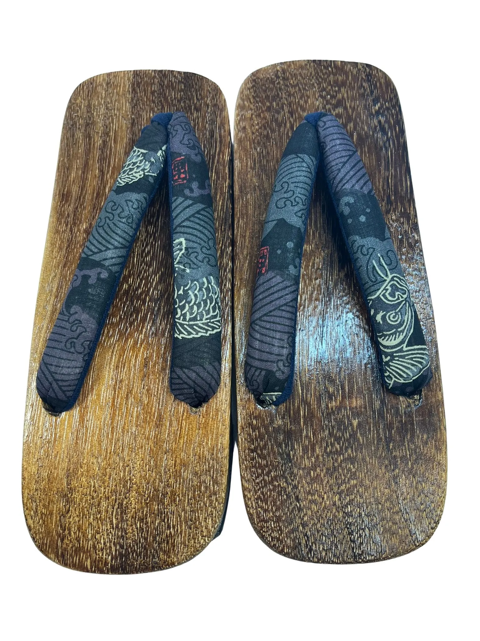 Japanese Men's Geta Sandals / Size L, Traditional Black Wind God Design Straps