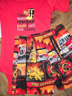 My Hero Wears Fire Fighter Boots I call him Daddy size 12/18m Two Piece Set