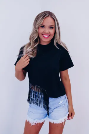 On The Border Fringe Crop Top - Black!