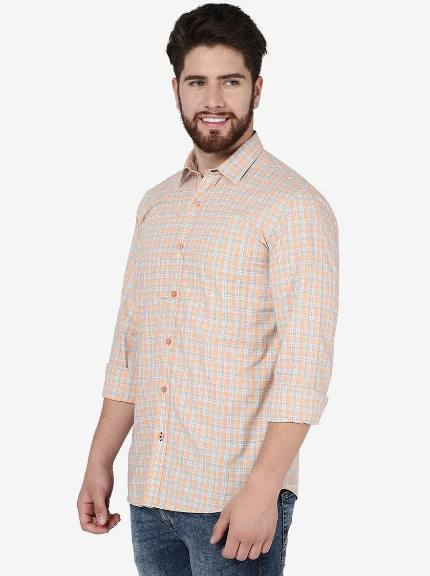 Peach Checked Slim Fit Semi Casual Shirt | JadeBlue