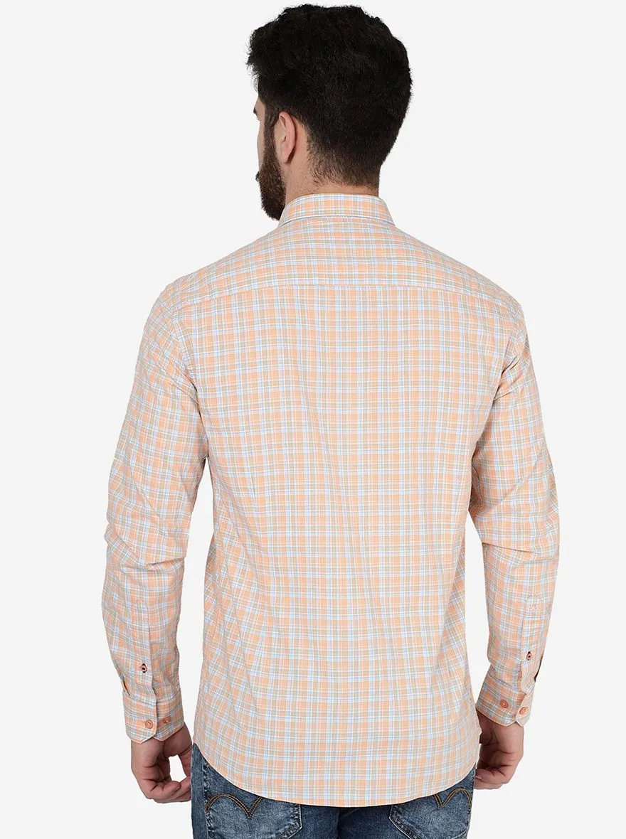 Peach Checked Slim Fit Semi Casual Shirt | JadeBlue
