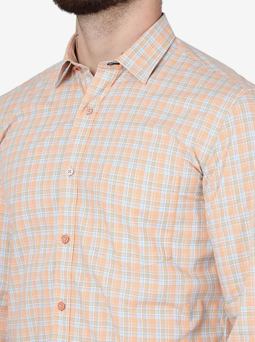 Peach Checked Slim Fit Semi Casual Shirt | JadeBlue