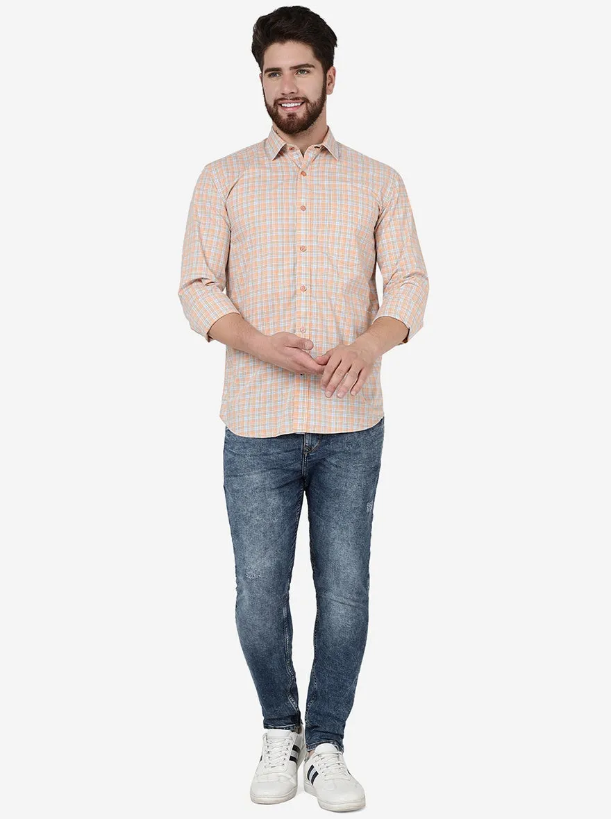 Peach Checked Slim Fit Semi Casual Shirt | JadeBlue
