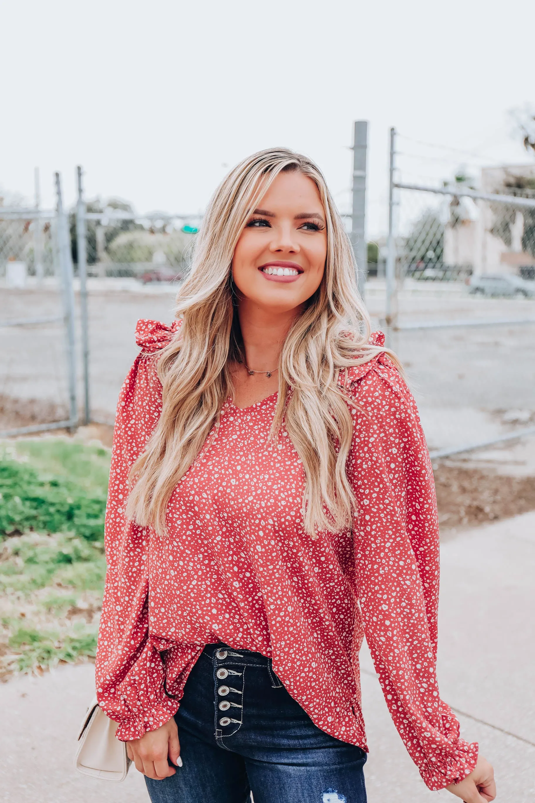 Ruffle Ditsy Print Top - Dusty Salmon S-3X