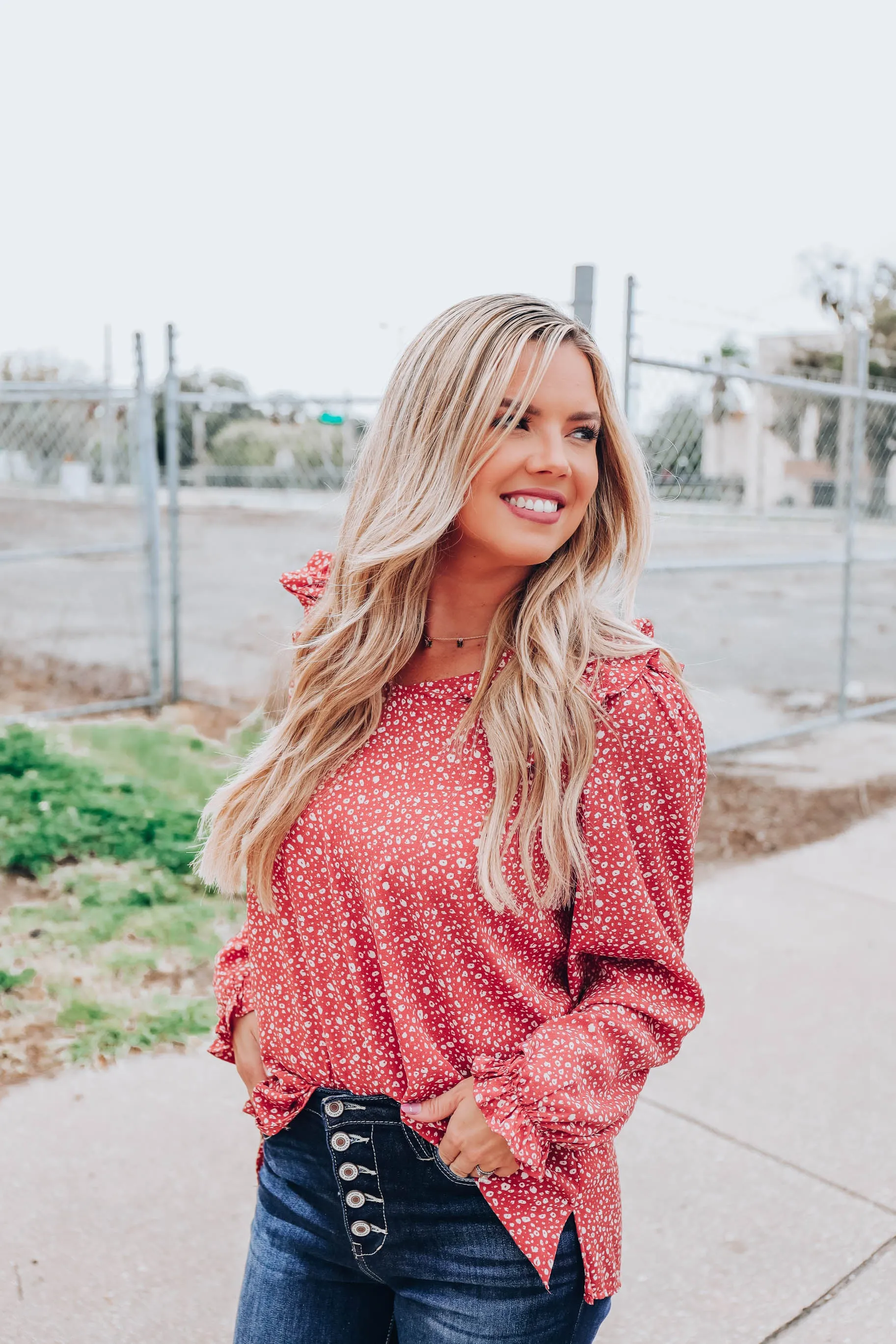 Ruffle Ditsy Print Top - Dusty Salmon S-3X