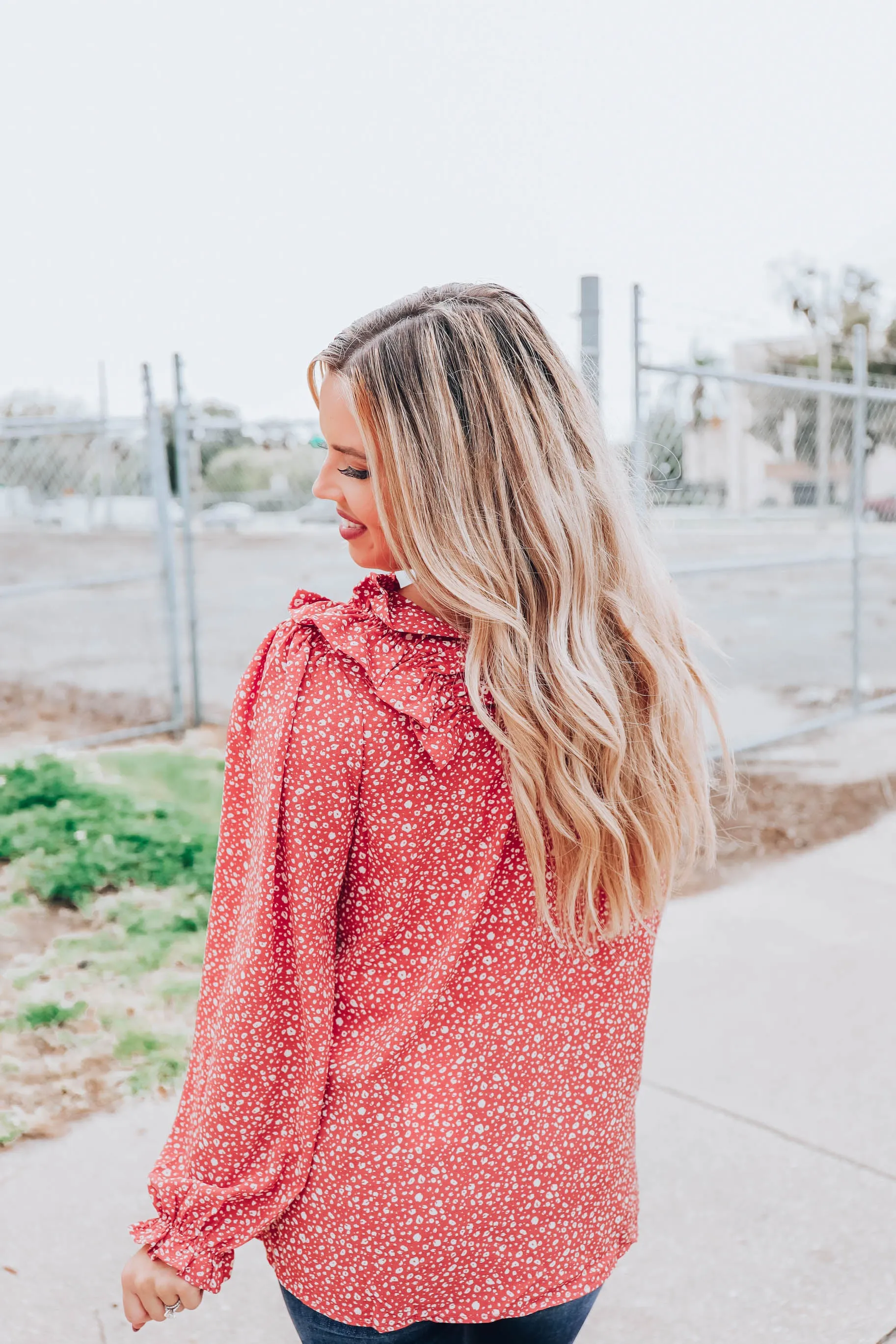 Ruffle Ditsy Print Top - Dusty Salmon S-3X