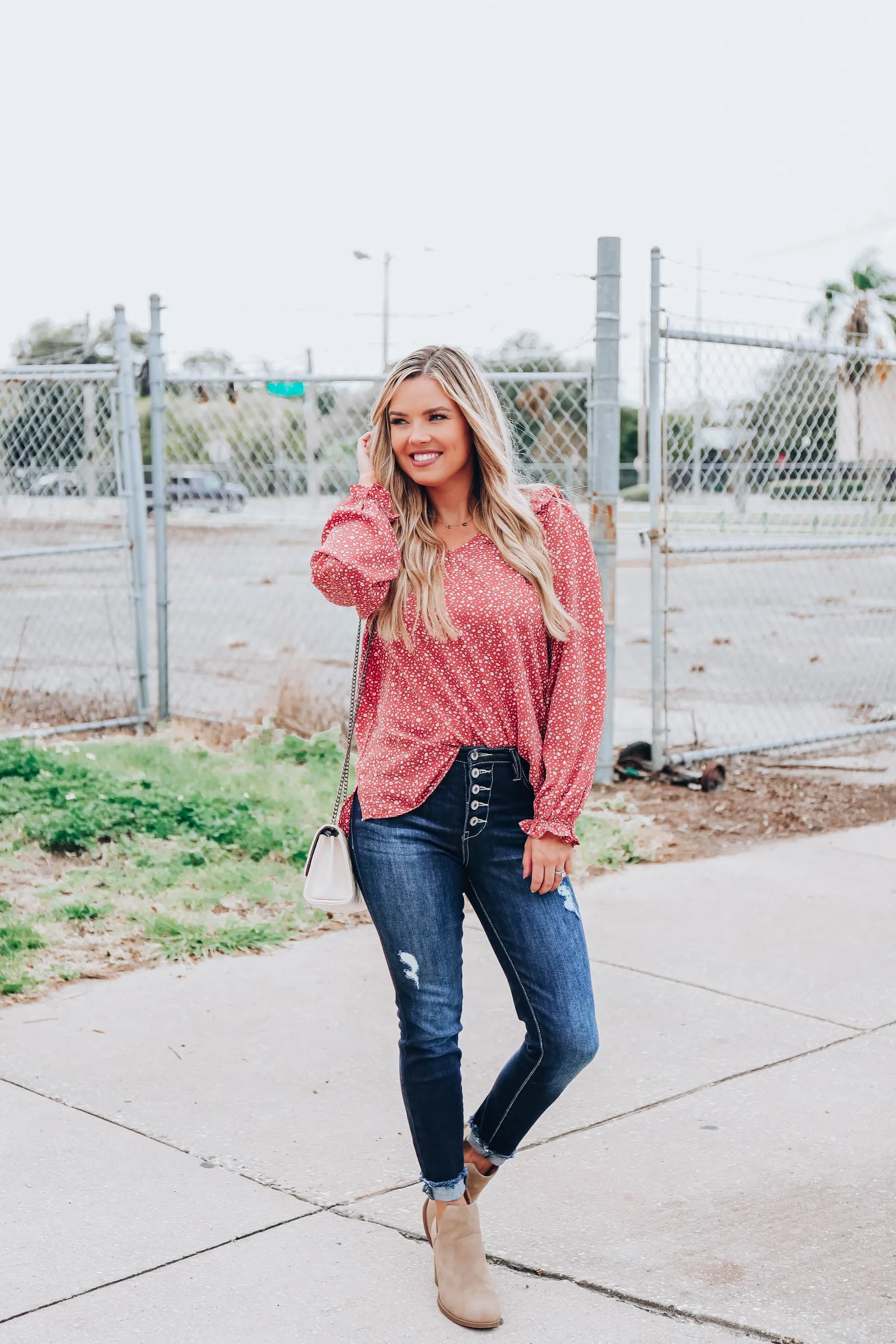 Ruffle Ditsy Print Top - Dusty Salmon S-3X