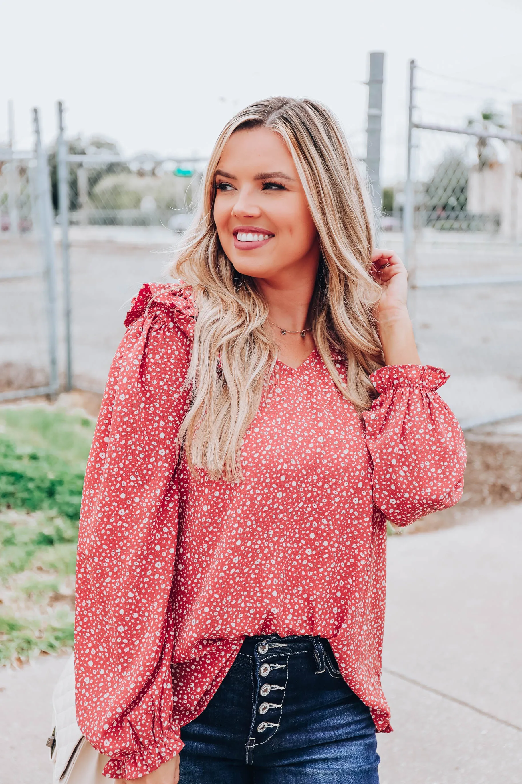 Ruffle Ditsy Print Top - Dusty Salmon S-3X
