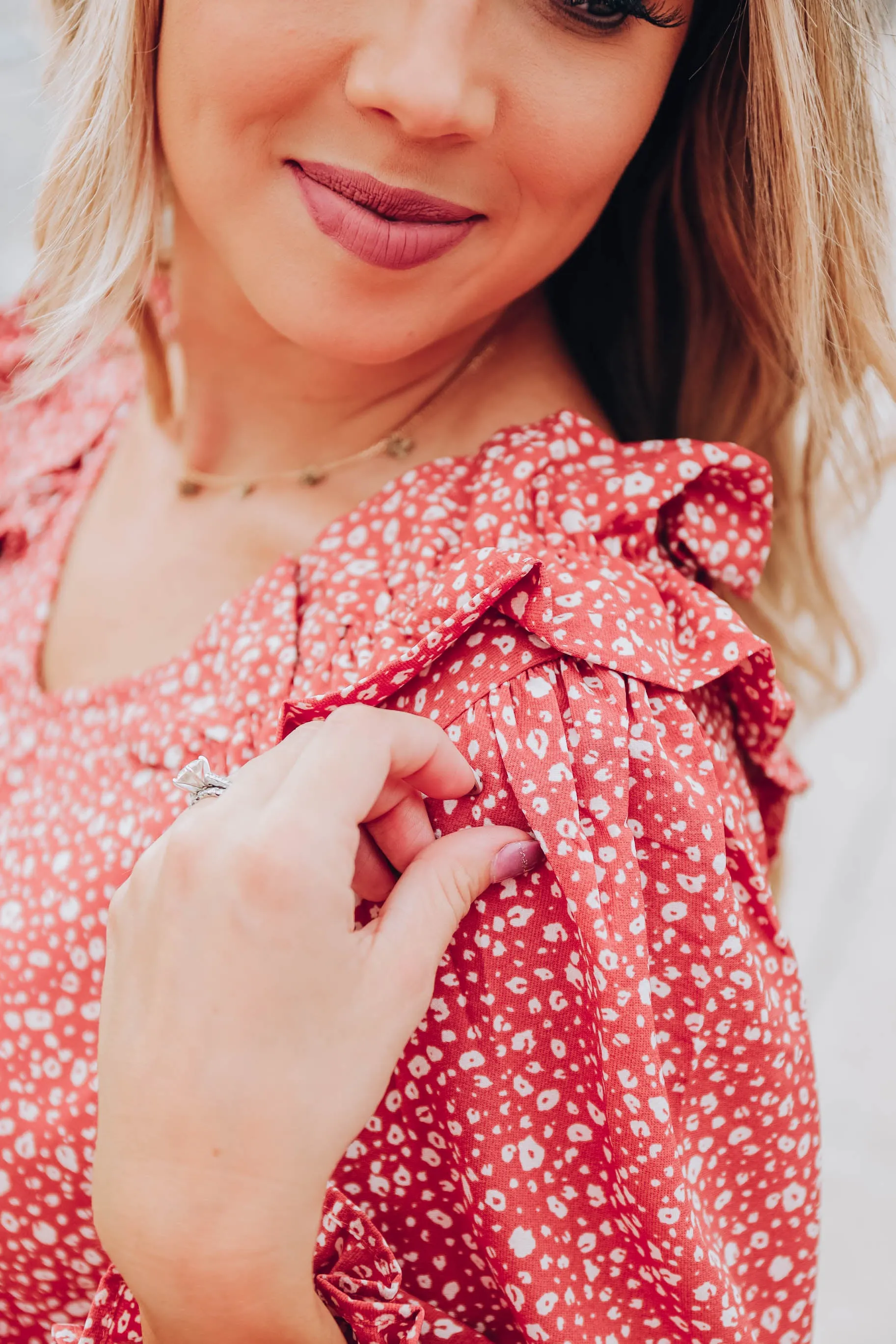 Ruffle Ditsy Print Top - Dusty Salmon S-3X