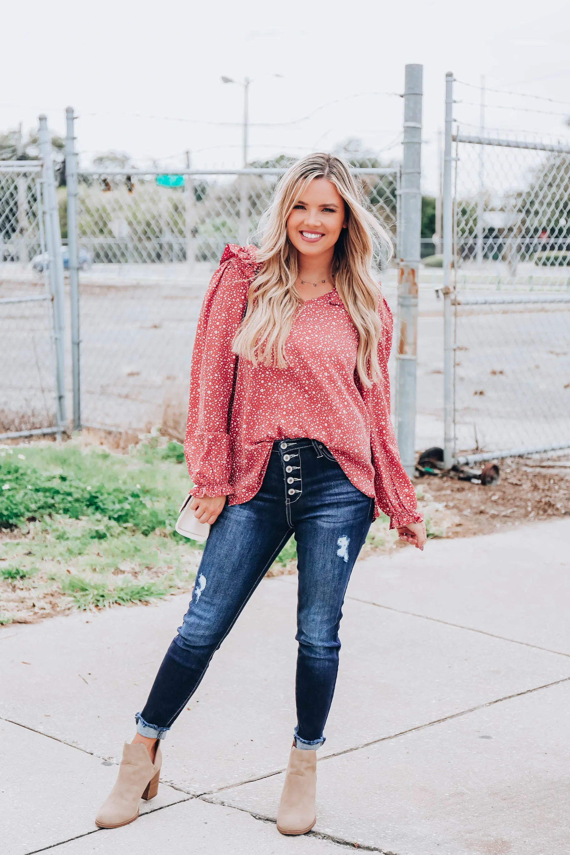 Ruffle Ditsy Print Top - Dusty Salmon S-3X