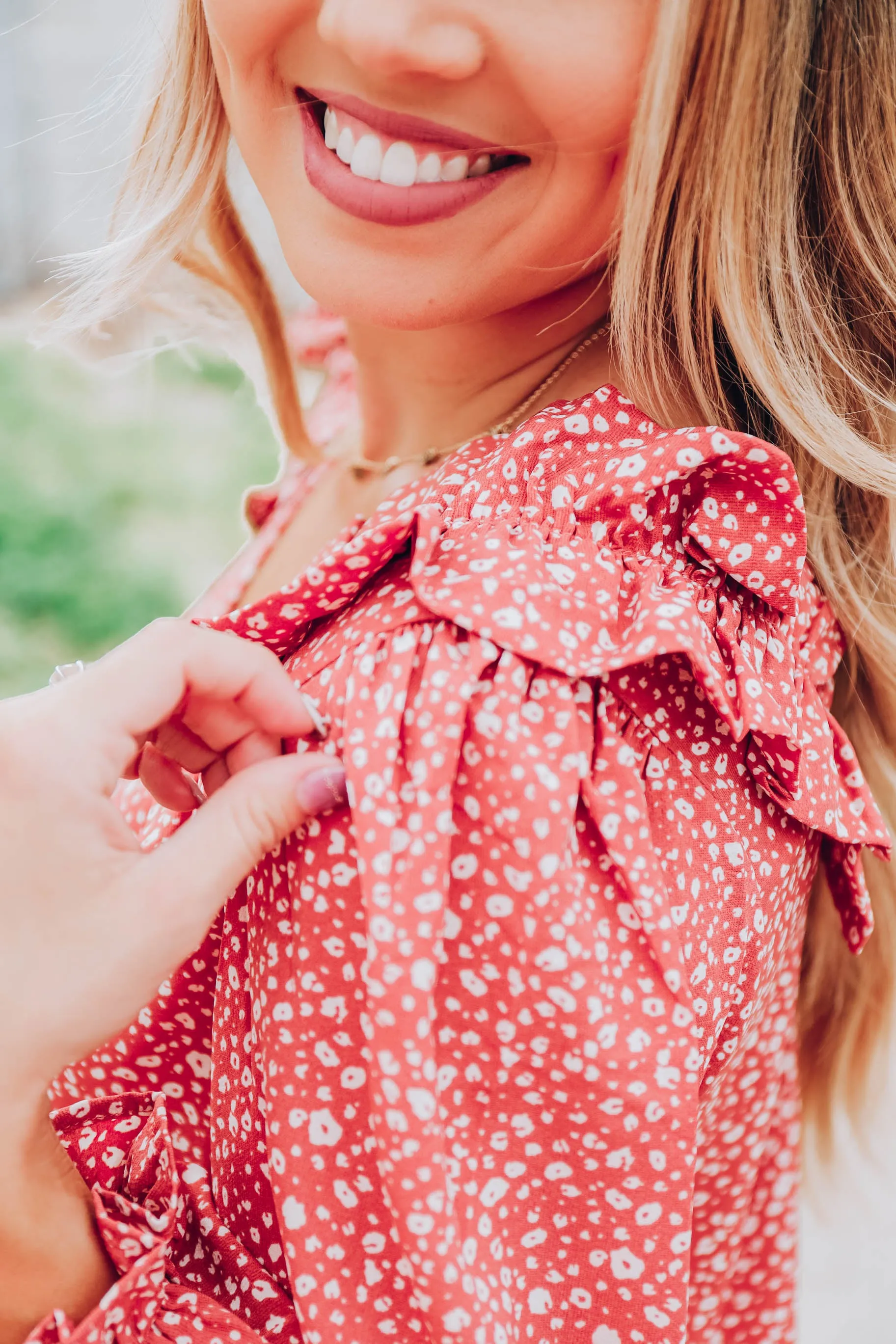 Ruffle Ditsy Print Top - Dusty Salmon S-3X