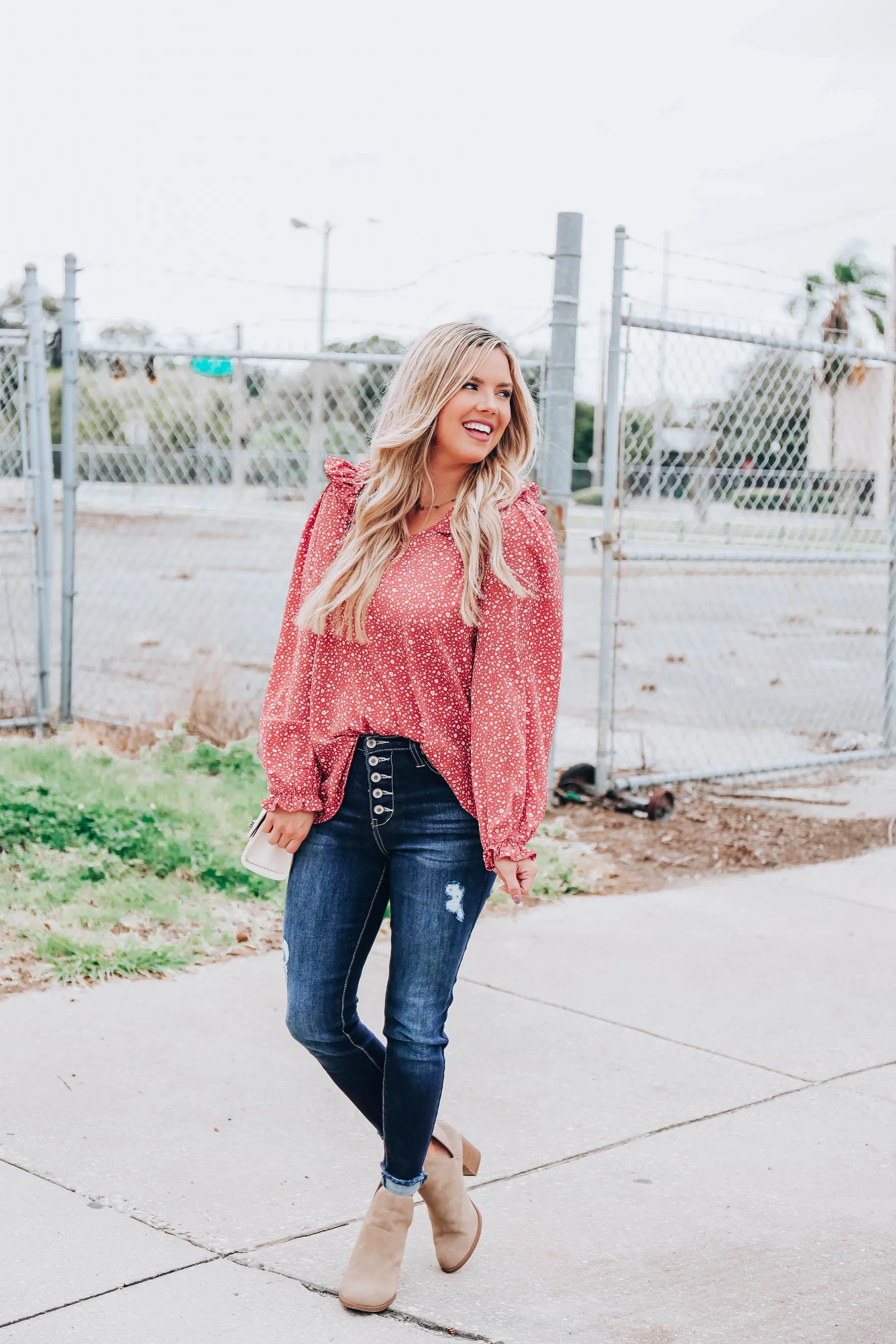 Ruffle Ditsy Print Top - Dusty Salmon S-3X