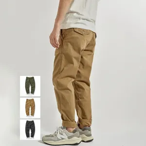 Washed Old Woven Hole Cargo Pants - Men's Fashion Slim Straight Casual Pencil Trousers in 97% Cotton