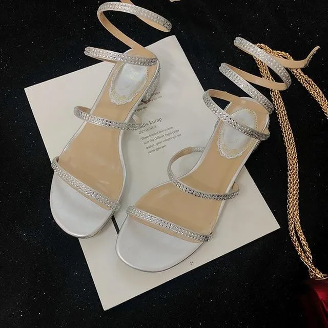 Women Rhinestone Mid Heel Sandals