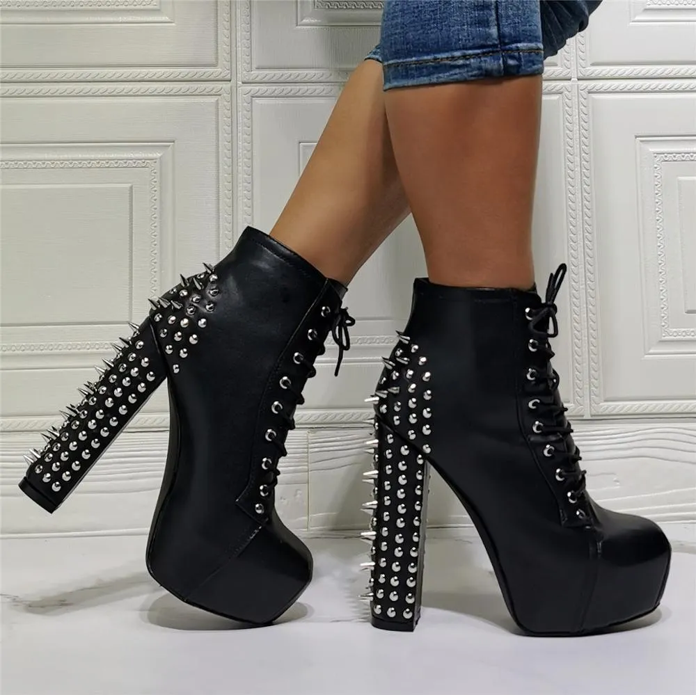 Women Rivets Ornament High Heel Winter Work Boots  Big Size
