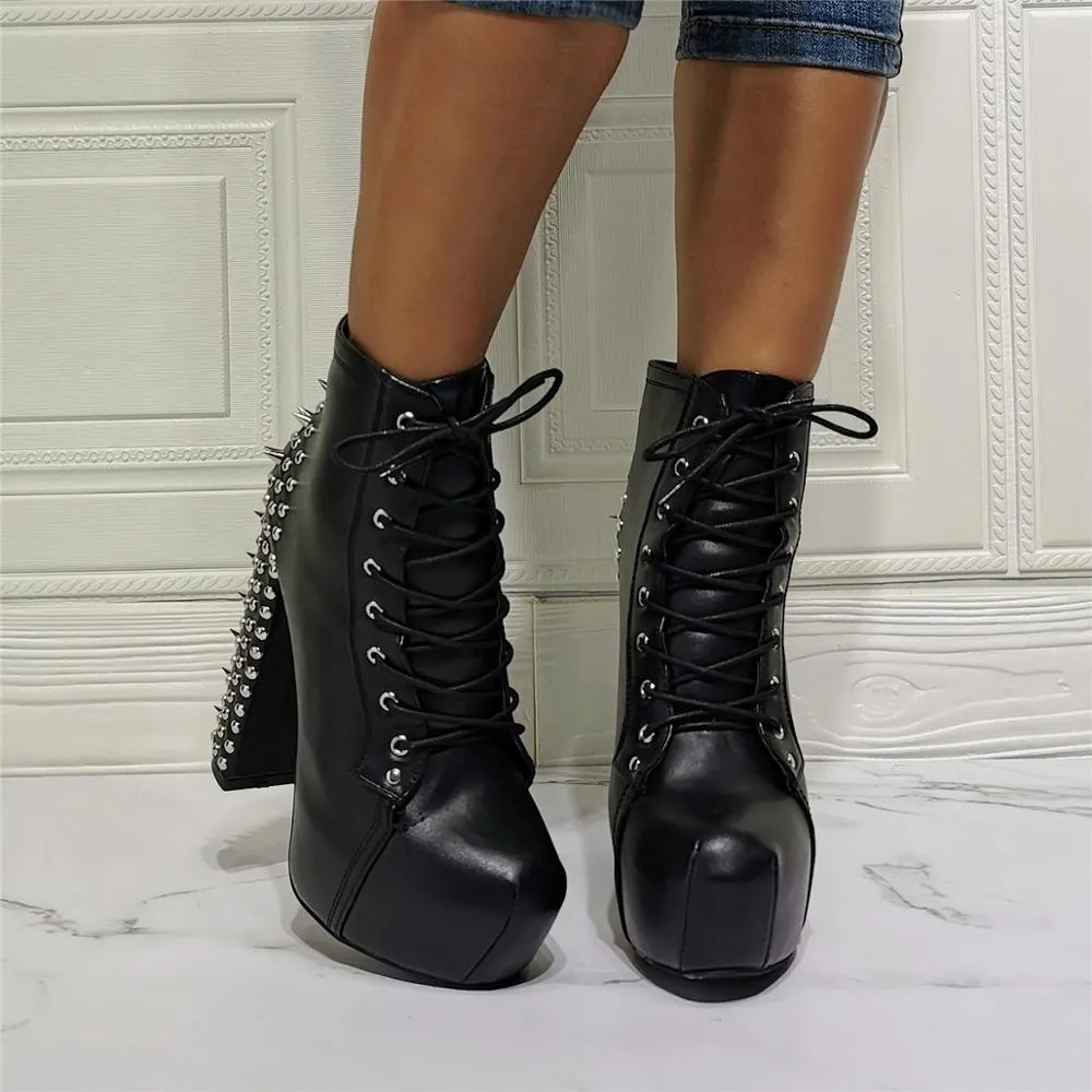 Women Rivets Ornament High Heel Winter Work Boots  Big Size