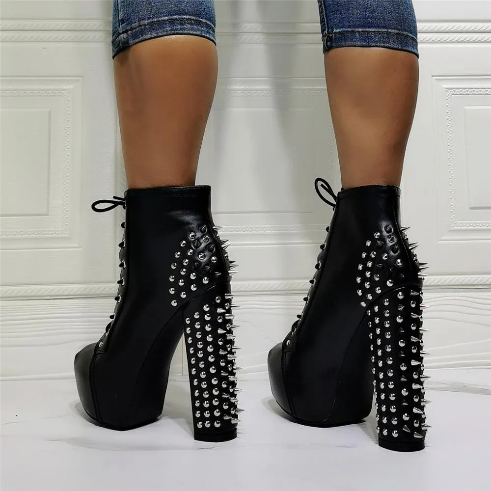 Women Rivets Ornament High Heel Winter Work Boots  Big Size