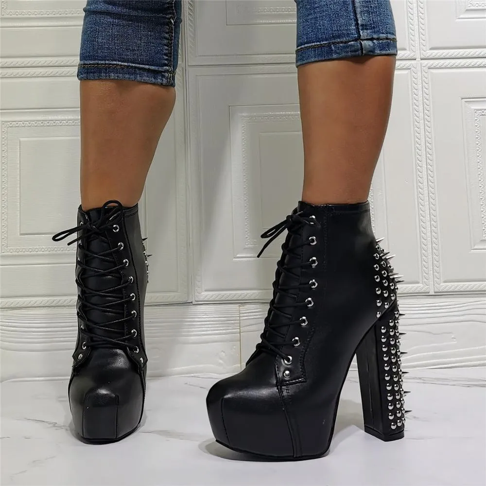 Women Rivets Ornament High Heel Winter Work Boots  Big Size